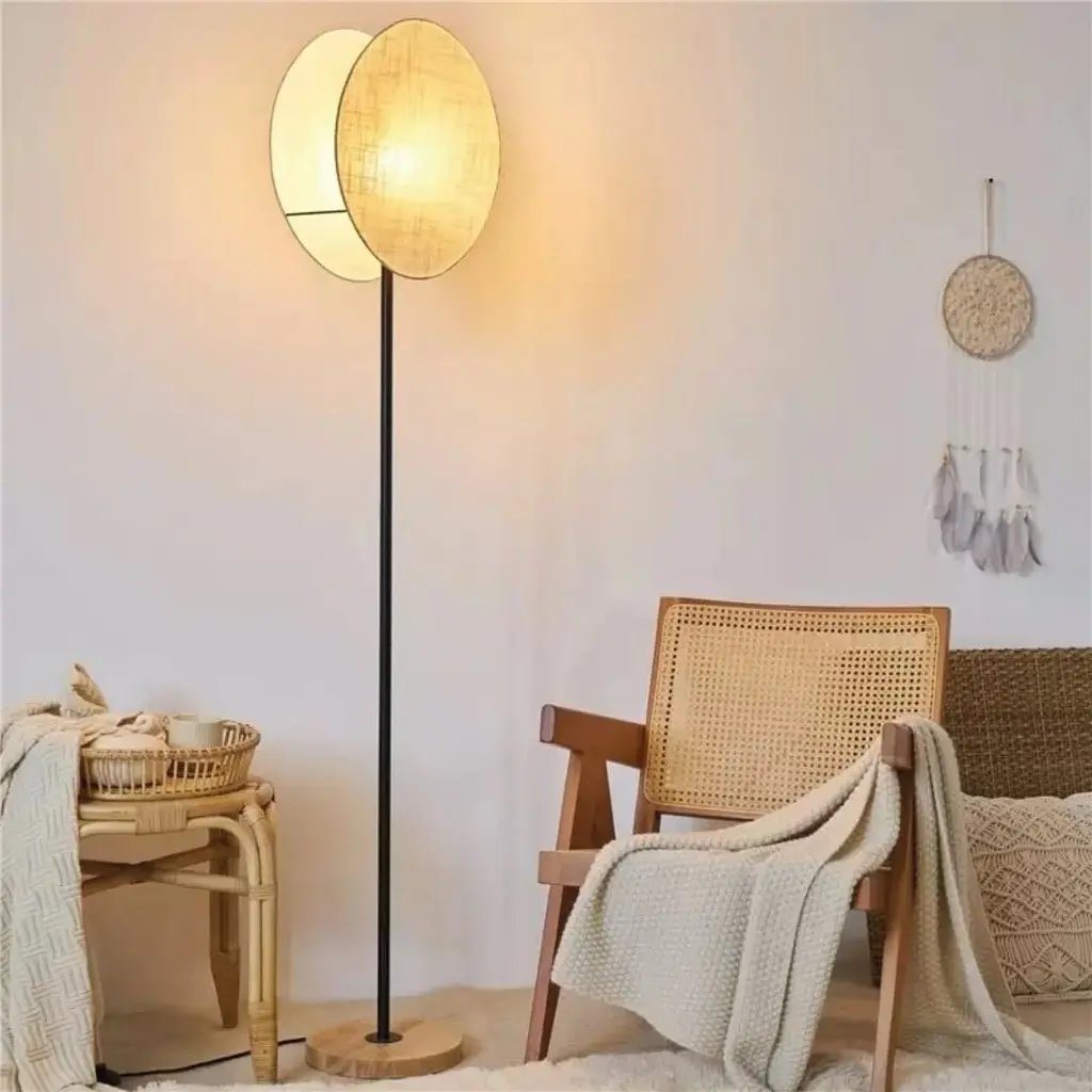 Lámpara de Pie Beige Moderna Tela y Madera