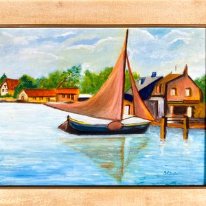 Cuadro al óleo sobre tela: Barcos en el agua, firmado B. Estella - imagen 2