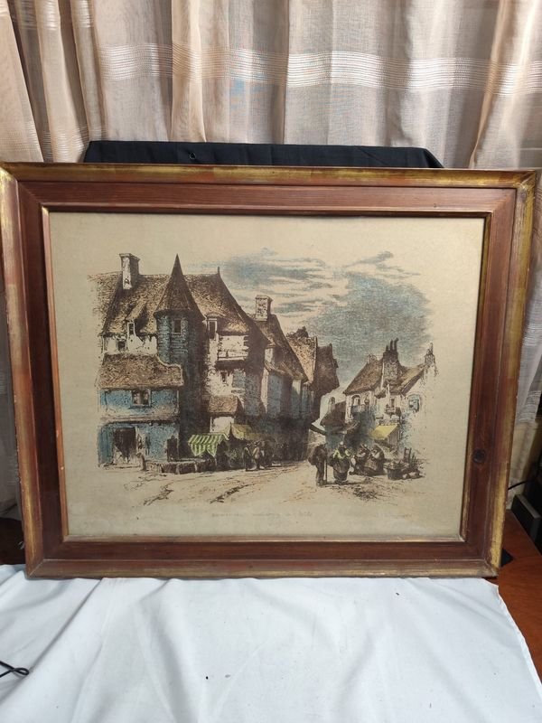 Lithografías Vintage con Escenas de Mercado y Arquitectura - imagen 4