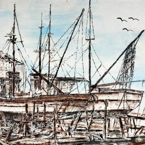 Pintura al Óleo sobre Cerámica: Barcos en Dique Seco, 31x23 cm - imagen 2