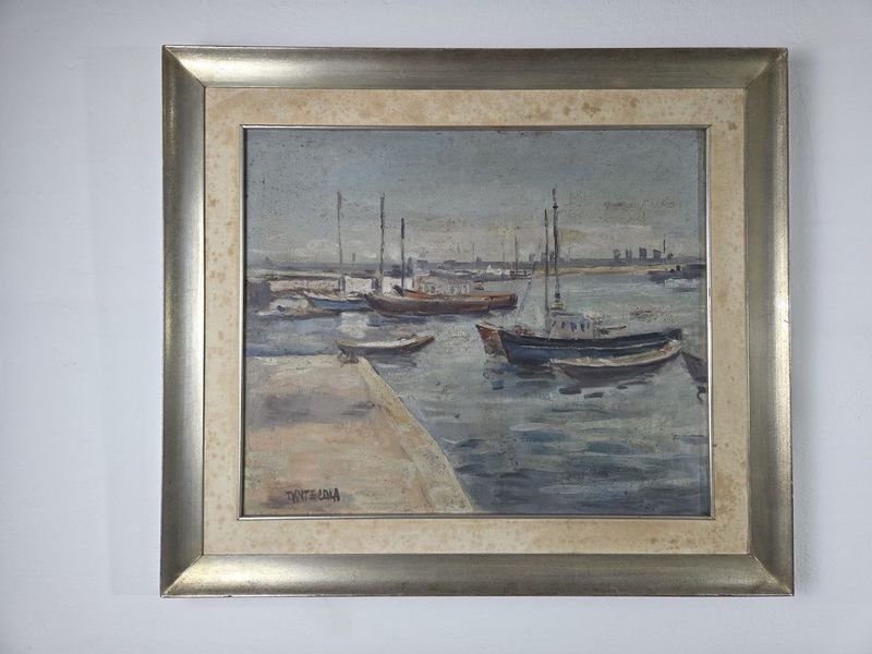 Lote siguiente: Óleo del artista Dante Cola, pintura al agua con escena de puerto