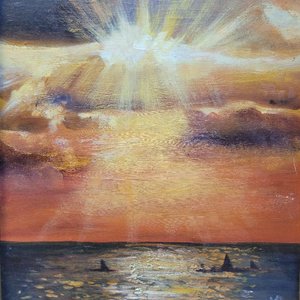 Cuadro al Óleo: Atardecer Marino con Velas, Marco Dorado y Paspartú Verde - imagen 5