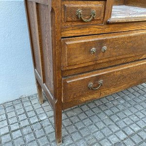 Tocador Antiguo de Roble con 3 Espejos y Tapa de Mármol - imagen 2