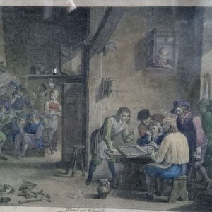 grabado enmarcado parece ser una reproducción de una escena de taberna flamenca atribuida o realizada After David Teniers the Younger - imagen 4
