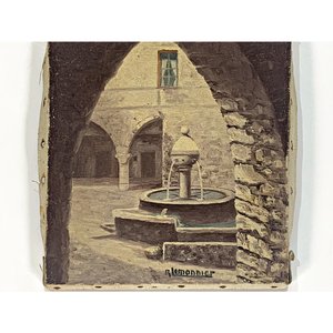 Cuadro al óleo "Fuente" firmado R. Lemonnier, 24 x 20 cm - imagen 3
