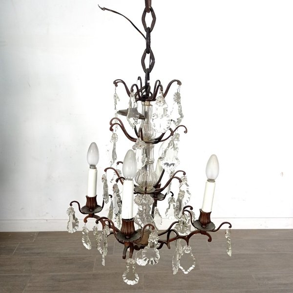 Araña Versalles Antigua con Columna de Vidrio y 4 Luces - imagen 1