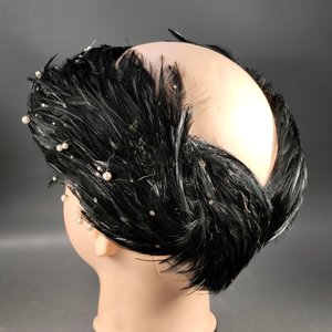Antiguo Tocado de Plumas Negras con Perlas para Eventos Nocturnos - imagen 3