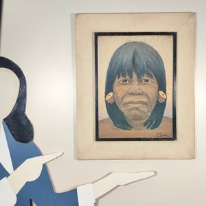 Oleo sobre Madera "E. Zárate" Retrato Indígena con Marco Blanco - imagen 8
