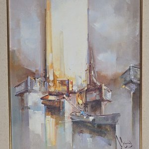 Óleo de Barcos y Puerto por Fernández Cabral - imagen 3