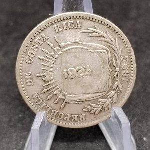 Moneda Costa Rica 25 Céntimos 1892 con Resello 50 Céntimos 1923, Plata, Heaton - imagen 3