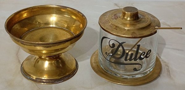 Dos piezas de vidrio y metal Bronceado para dulcería y copón - imagen 2
