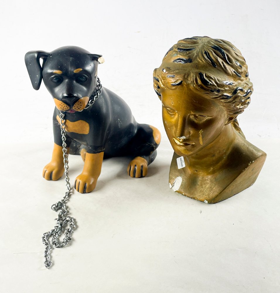 Figura de Perro con Cadena y Busto de Dama - 2 Piezas Decorativas
