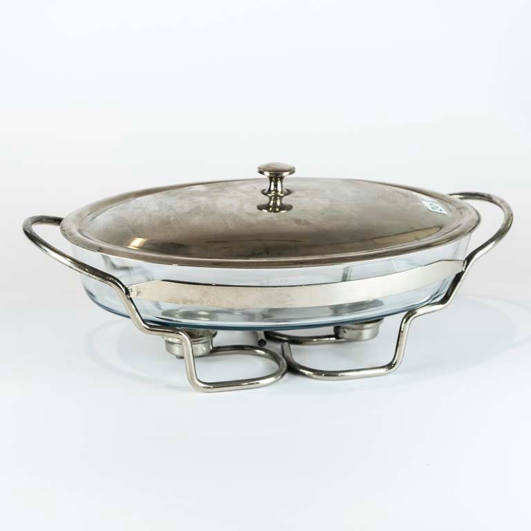 Pyrex de vidrio con soporte y tapa de metal - Medidas: 35cm