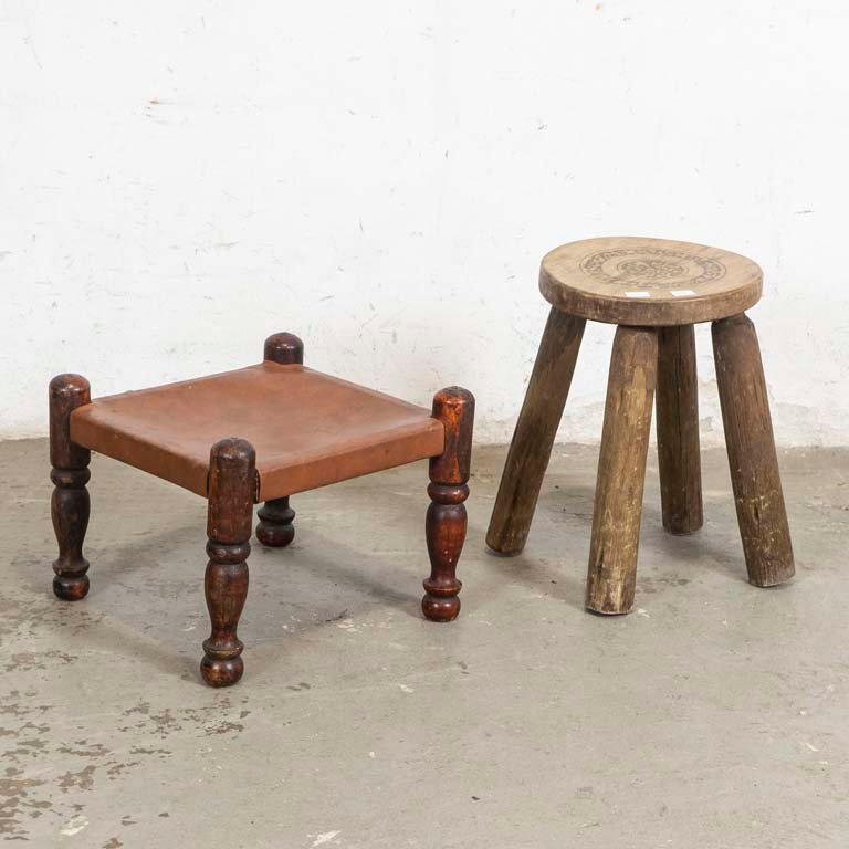 Juego de Banqueta Rústica y Taburete de Madera con Detalles