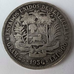 Moneda de Plata Venezuela 5 Bolívares 1956 - Peso 25g - imagen 2