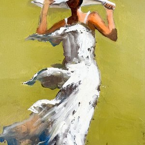 Cuadro al óleo "Dama con Sombrero" sobre fibra, 40x30 cm, con marco blanco - imagen 2