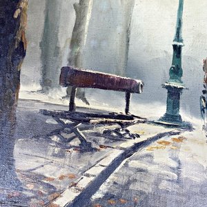 Cuadro al óleo de paisaje invernal con firma y marco de madera - imagen 3