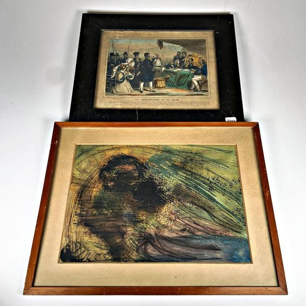 Dos Cuadros: Grabado Histórico y Obra Abstracta Colorida - imagen 1