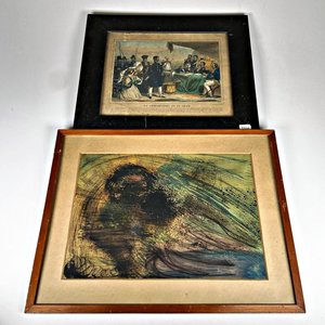 Lote siguiente: Dos Cuadros: Grabado Histórico y Obra Abstracta Colorida