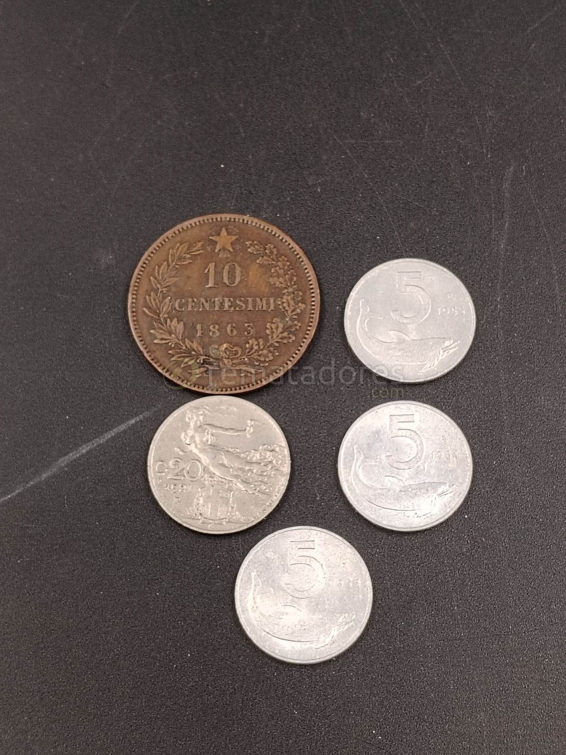 Lote de 5 Monedas Antiguas: 10 Centésimos 1863 y 20 Centésimos