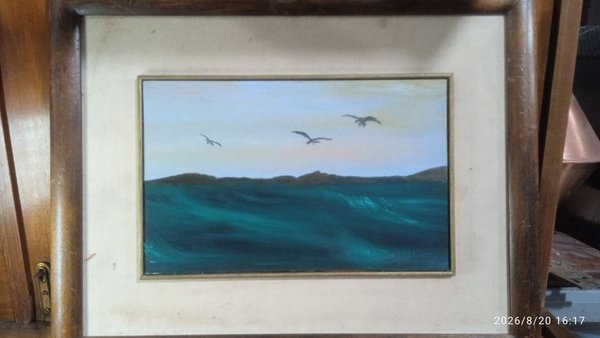 Óleo de Marina con Gaviotas, Marco Beige - 44x13 cm