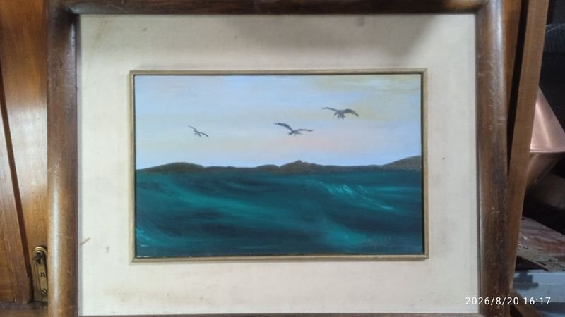 Óleo enmarcado motivo marina y gaviotas - 44x13