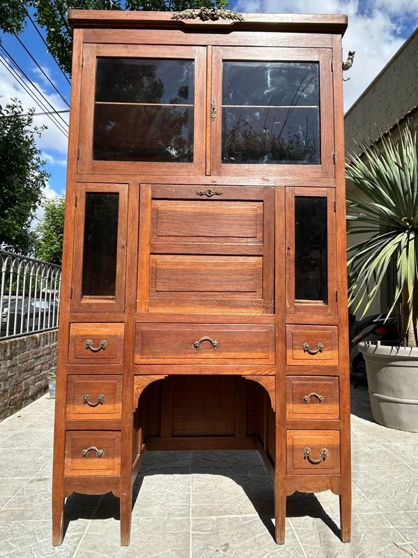 Gran Mueble Roble Macizo Secretario Escritorio Biblioteca - imagen 11