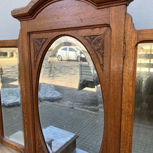 Tocador Antiguo de Roble con 3 Espejos y Tapa de Mármol - imagen 11