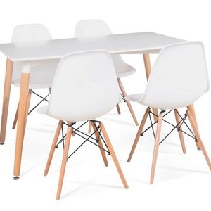 Lote siguiente: Juego de Comedor Estilo Eames: Mesa Blanca Laqueada y 4 Sillas Patas de Madera