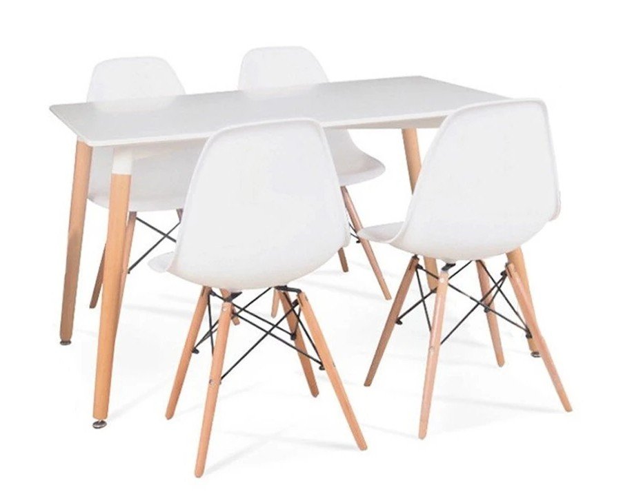 Juego de Comedor Estilo Eames: Mesa Blanca Laqueada y 4 Sillas Patas de Madera