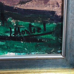 Óleo sobre lienzo "Escena de Puerto" de Jonio Montiel, con marco dorado - imagen 5