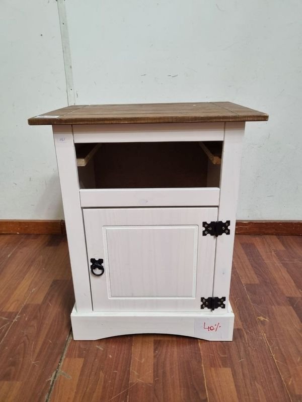 Mesa de Luz Blanca y Marrón con Puerta y Tapa de Madera