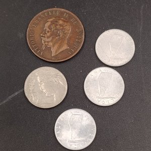 Lote de 5 Monedas Italianas: 1 Centésimo 1863, 20 Centésimos 1921, y 5 Liras (1953-1955) - imagen 4