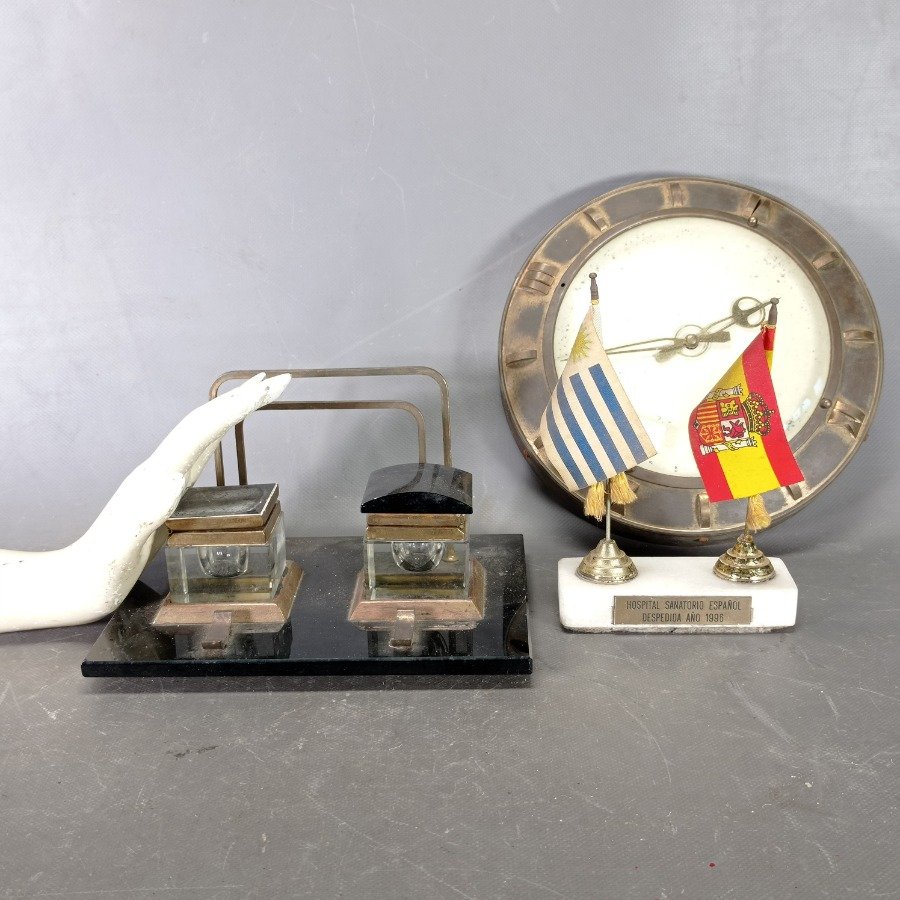 Relojes de pared, adornos y tinteros de vidrio y bronce - imagen 7