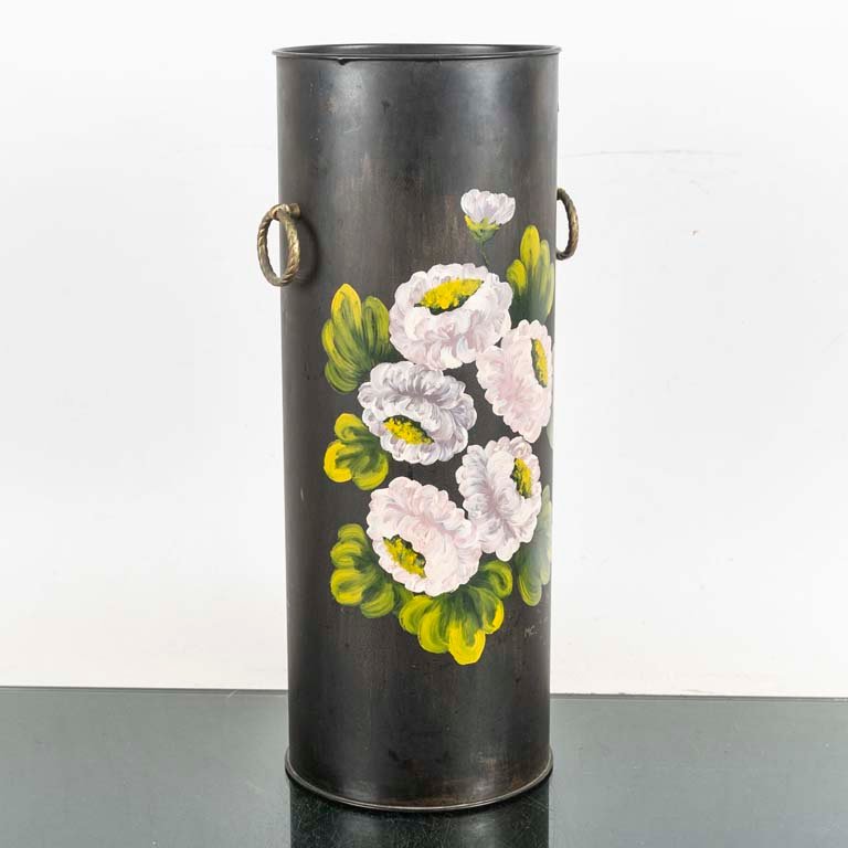 Paragüero de Chapa Pintado a Mano con Flores y Asas de Bronce