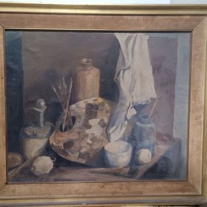 Lote anterior: Óleo sobre lienzo enmarcado, naturaleza muerta con paleta de pintor