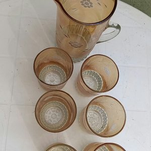 Juego de Jarra y 6 Vasos de Vidrio Tallado Antiguo - imagen 4
