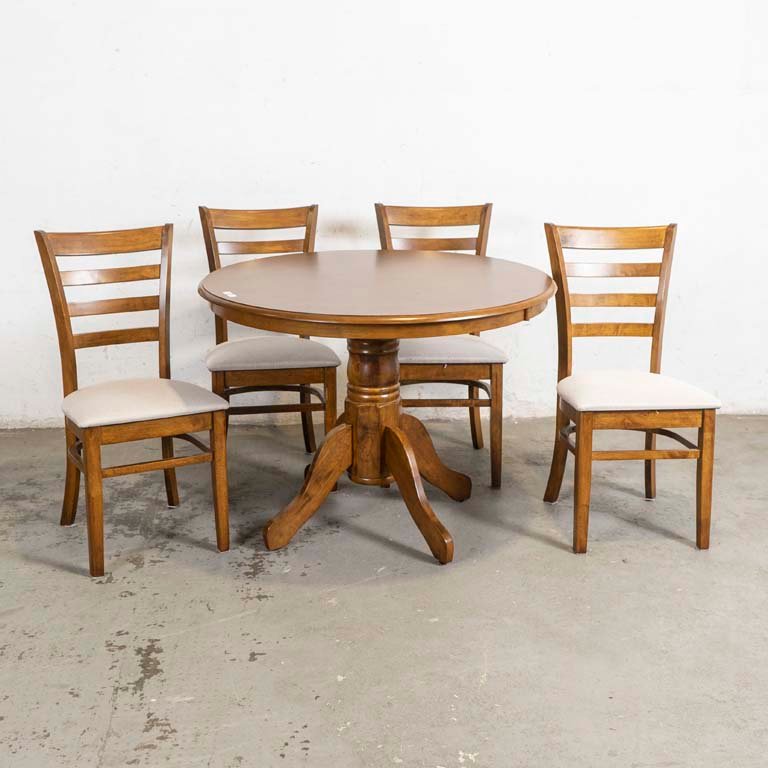 Juego de Comedor: Mesa Circular con Pie Central y 4 Sillas Tapizadas
