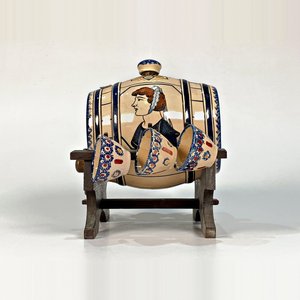 Barrilito de Cerámica Beige con Figuras y Flores, 6 Jarritas y Soporte de Madera - imagen 3