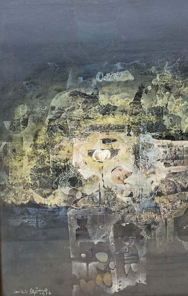 Pintura de paisaje en sepia, negro y tempera