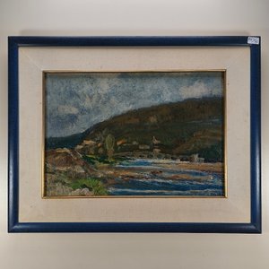 Oleo sobre Fibra "Paisaje Fluvial" Firmado J. de Brum con Marco Azul - imagen 2
