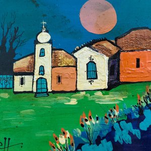 Pintura "Pueblito con Iglesia" de Liny Aneff, Acrílico sobre Fibra con Marco de Madera - imagen 5