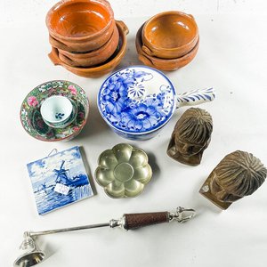 Lote de Busto de Madera, Cazuelas de Cerámica y Compotera Estilo Cantón - imagen 2