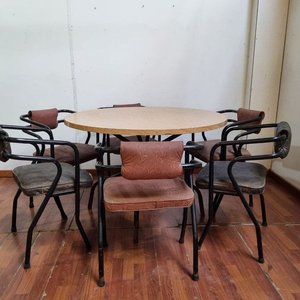 Juego de Comedor Retro: Mesa Redonda y 6 Sillas con Estructura de Hierro y Tapizado Jacquard - imagen 1