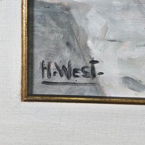 Óleo sobre lienzo firmado H. West: Escena de calle con fachadas y marco dorado - imagen 4