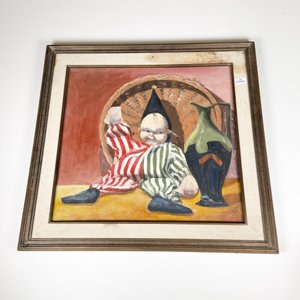 Cuadro al óleo de payaso con jarrón, firmado, 39 x 36 cm - imagen 1