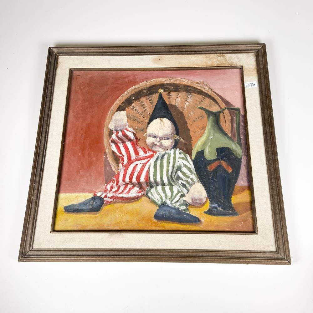 Cuadro al óleo de payaso con jarrón, firmado, 39 x 36 cm