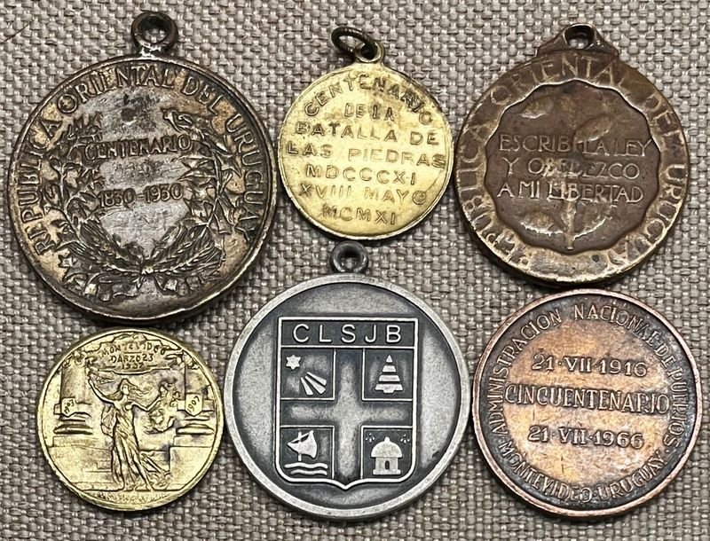 Lote de 6 Medallas Conmemorativas Uruguayas: Batlle, Artigas, Constitución, ANP, San Juan Bautista