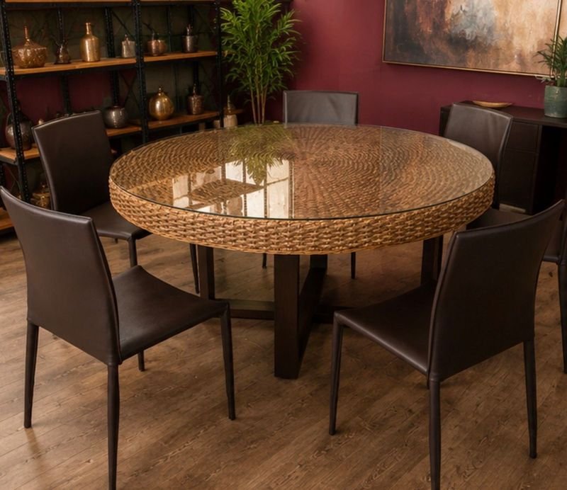 Juego de Comedor: Mesa Circular Fibra Natural y 6 Sillas Tapizadas