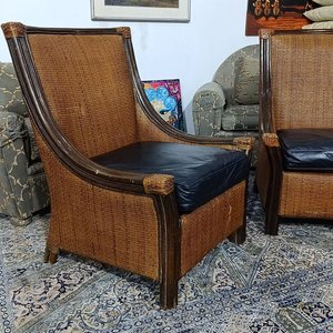 Par de Butacas Altas con Esterilla Tejida y Almohadones de Cuero - imagen 3